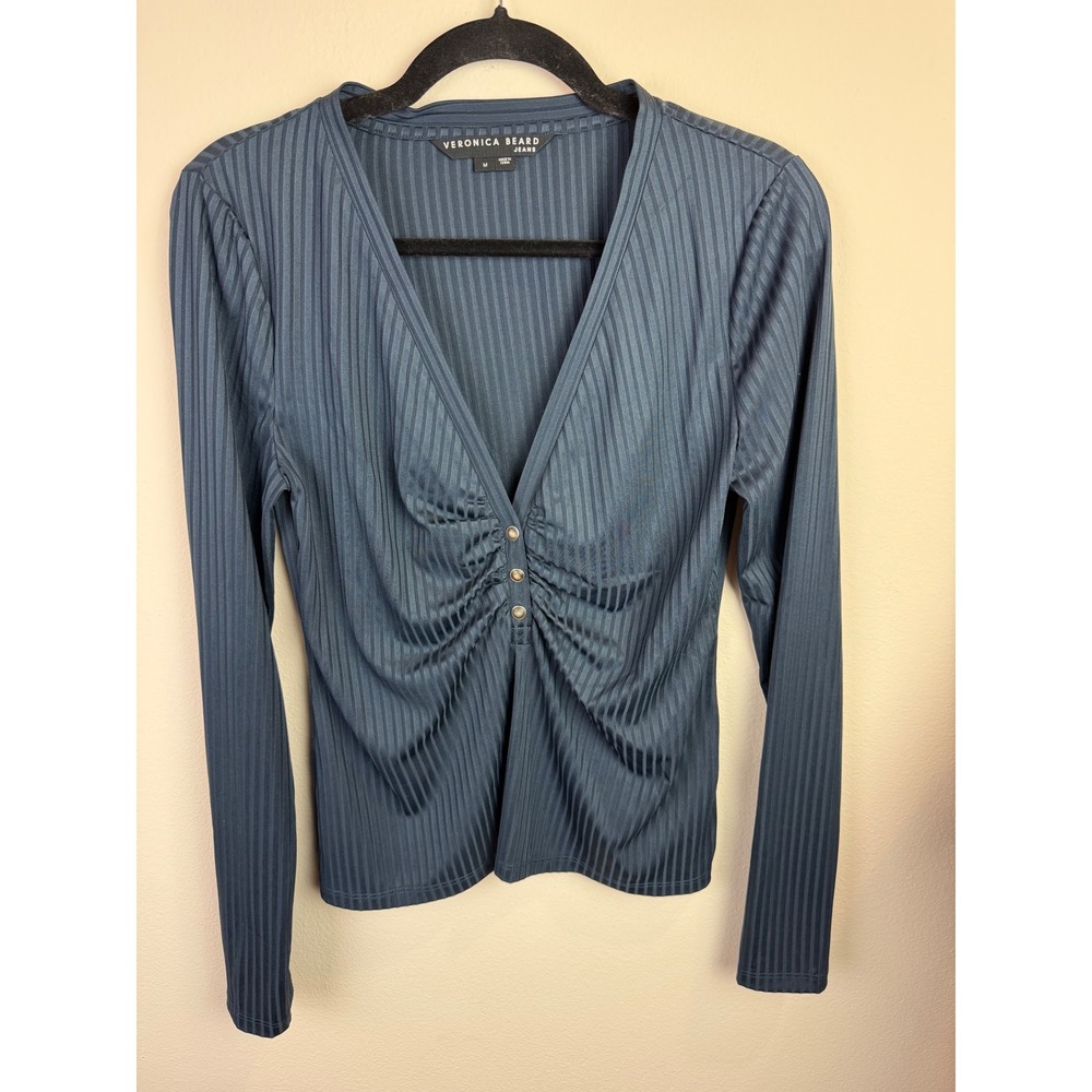 Veronica Beard Jeans Womens Medium Ribbed Ruched V-Neck Top Blue LS